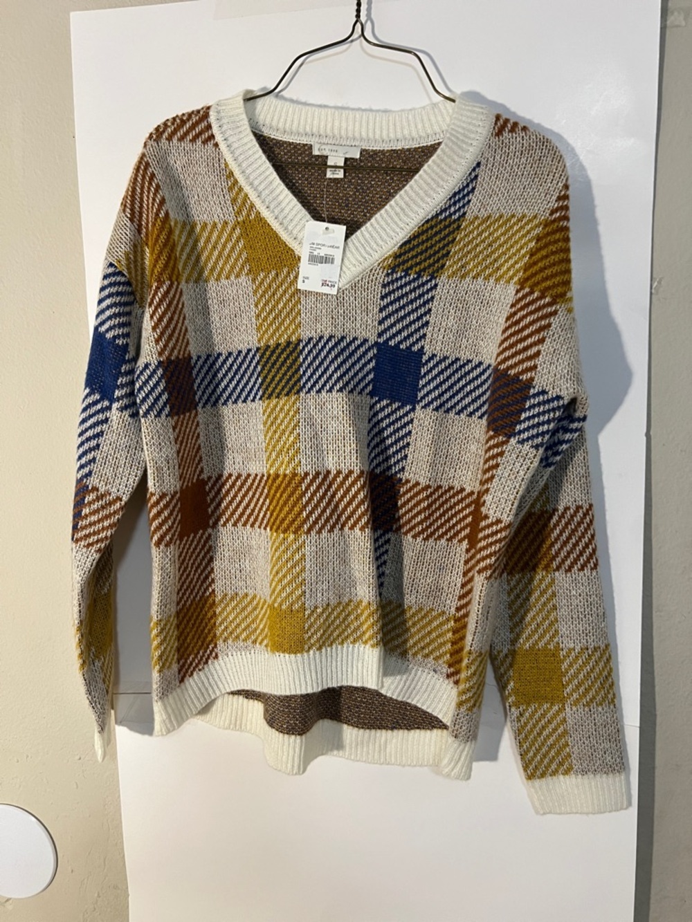 Plaid V-Neck Sweater in Cream, Mustard & Navy by Unknown Brand